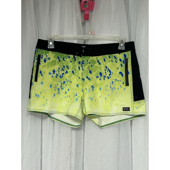 Pelagic Shorts Womens 8 Yellow Green Ocean Master Board Zip Pockets Drawstring - Picture 1 of 9